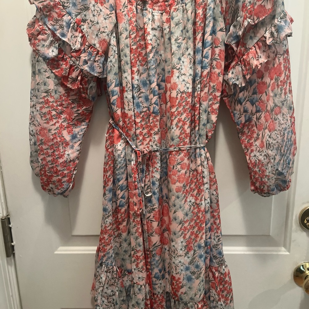 Fate M Coral and Blue Tiered Long Sleeve Sundress with Bishop Sleeves Ruffles